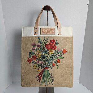 Brighton Bella Bouquet Colorful Floral Jute w/ Leather Handle Shopper Tote Bag